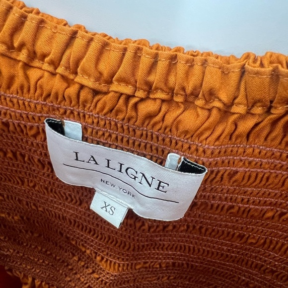 La Ligne Daisy Puff Sleeve Smocked Bodice Poplin Midi Dress In Burnt Orange - Picture 4 of 6